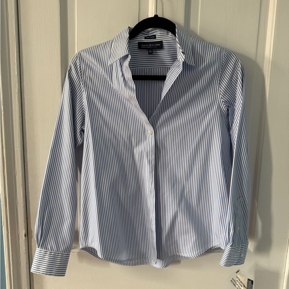 Jones New York Tops - Jones New York Women’s No Iron White and Blue Striped Shirt